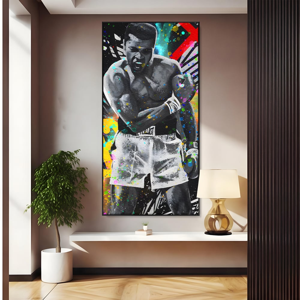 Tablou canvas cu tablou canvas cu muhammad ali in alb si negru, in rama de aluminiu negru